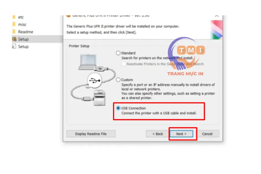 Bấm chọn kết nối usb cho máy in Canon lbp621cw