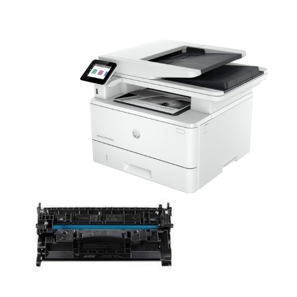 Picture of cận cảnh máy in hp laserjet pro mfp 4103fdn và hộp mực hp 151a 