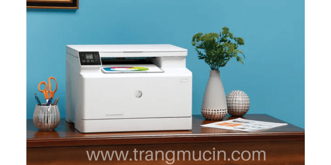 đặt máy in HP Color laserjet pro mfp 182n lên bàn làm việc cạnh chậu cây 