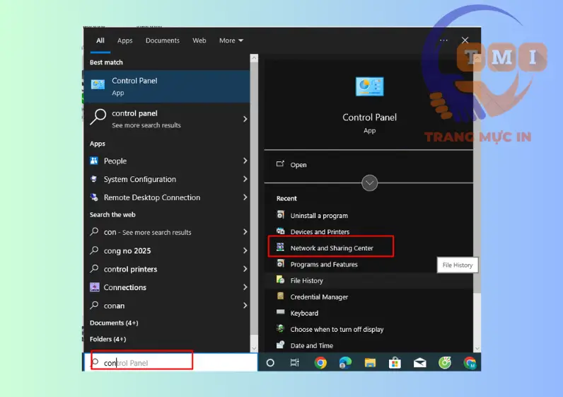 Vào Network and Sharing Center