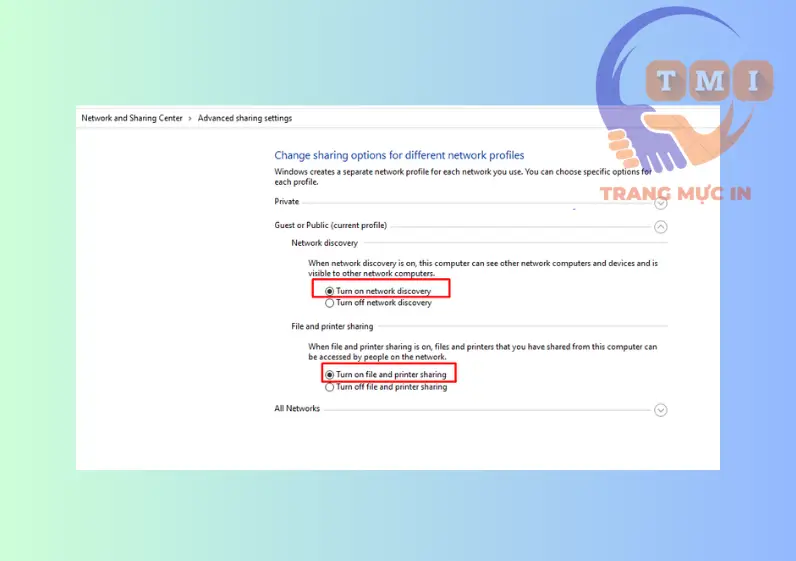 Bật chia sẻ file và máy in