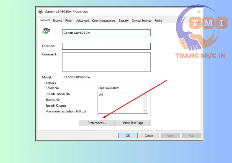 Vào nút Preferences trong driver Canon