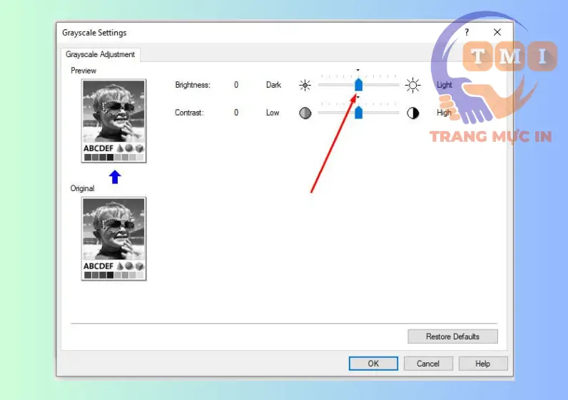 Kéo thanh Contrast để tăng độ đậm máy in Canon