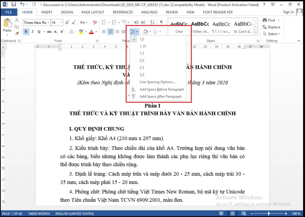 Cách căn chỉnh kích thước dòng trong Word 2010, 2016
