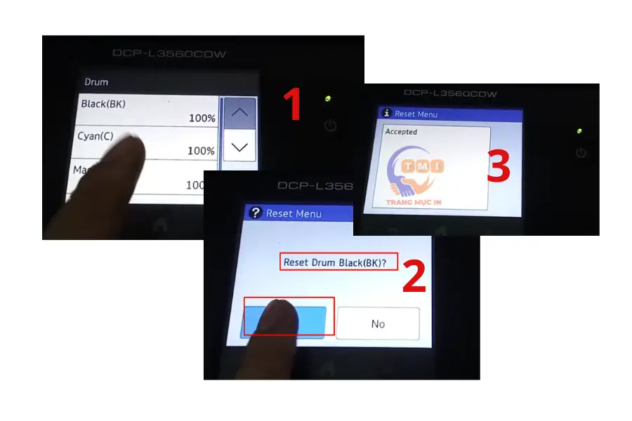 Cách vào menu reset drum máy in Brother MFC-L3760CDW & DCP-L3560CDW báo lỗi Replace Toner