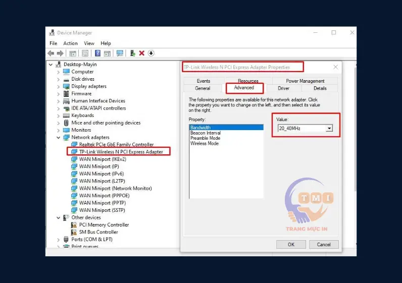 Giao diện Advanced Device Manager kiểm tra thông số card wifi laptop